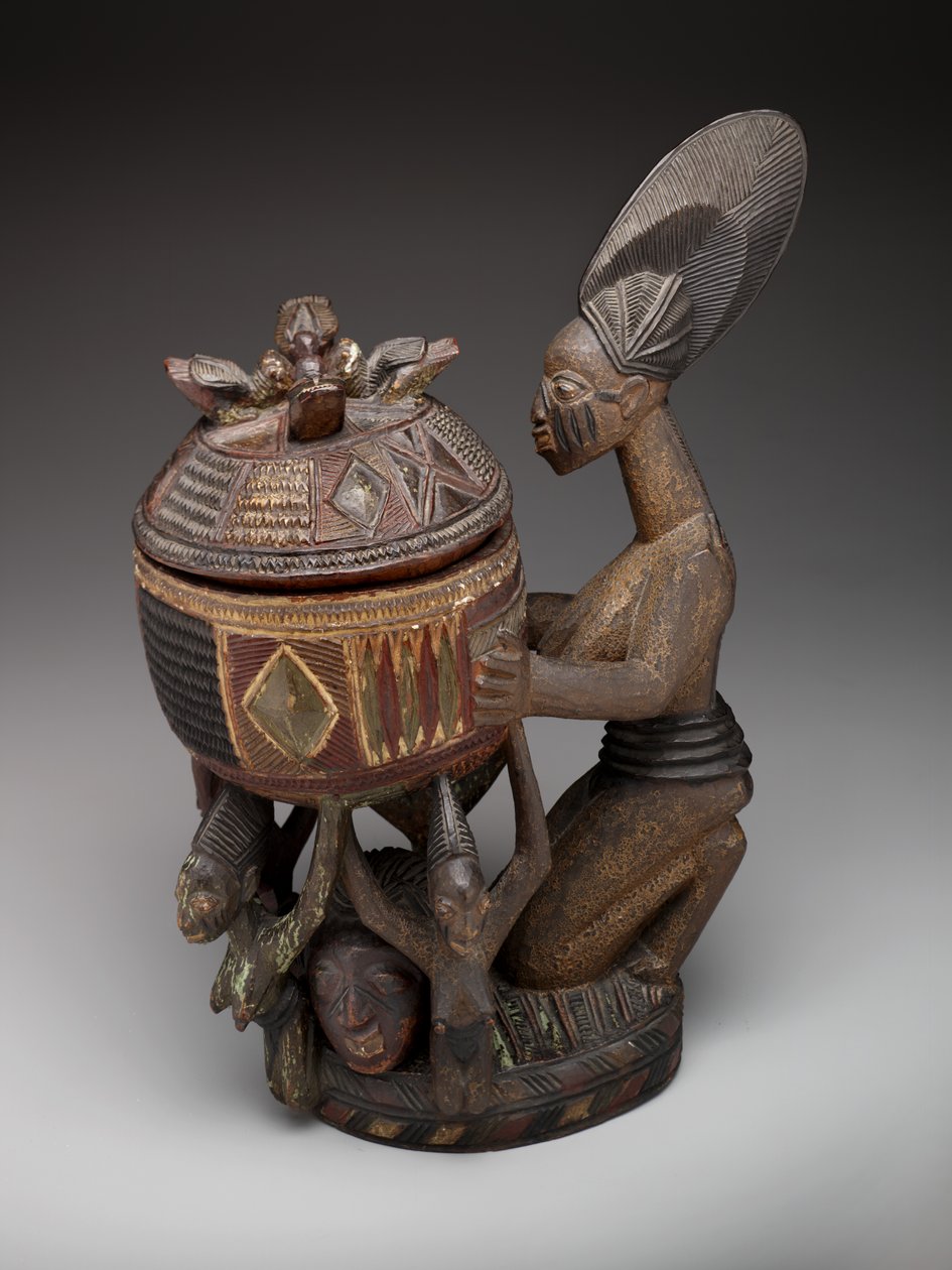 Çanak (olumeye) ile diz çökmüş kadın figürü, c.1910 - c.1938 (ahşap, pigment ve boya) by Olowe of Ise