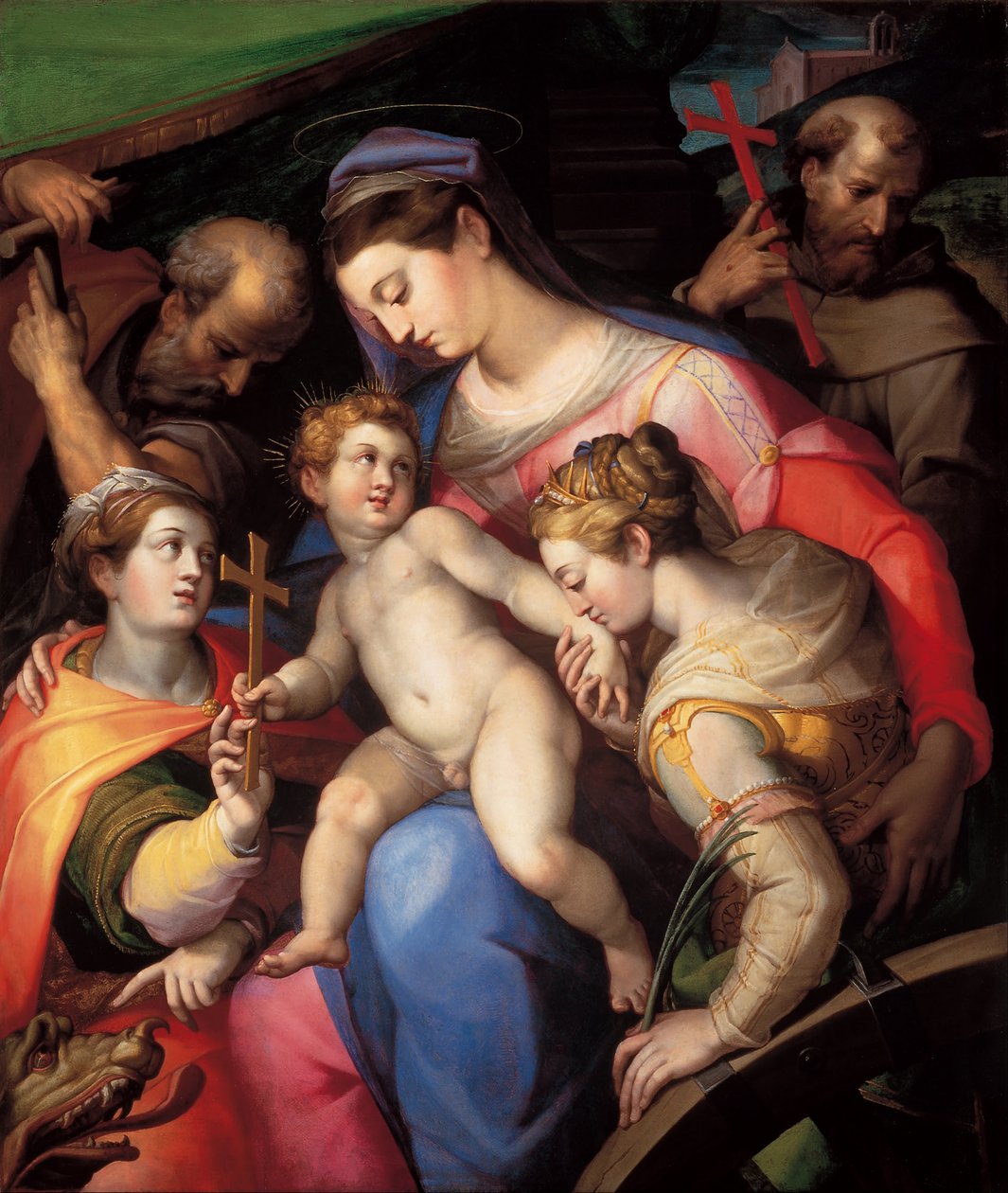 Kutsal Aile, İskenderiyeli Aziz Catherine, Antakyalı Aziz Margaret ve Assisili Aziz Francis ile birlikte by Orazio Samacchini