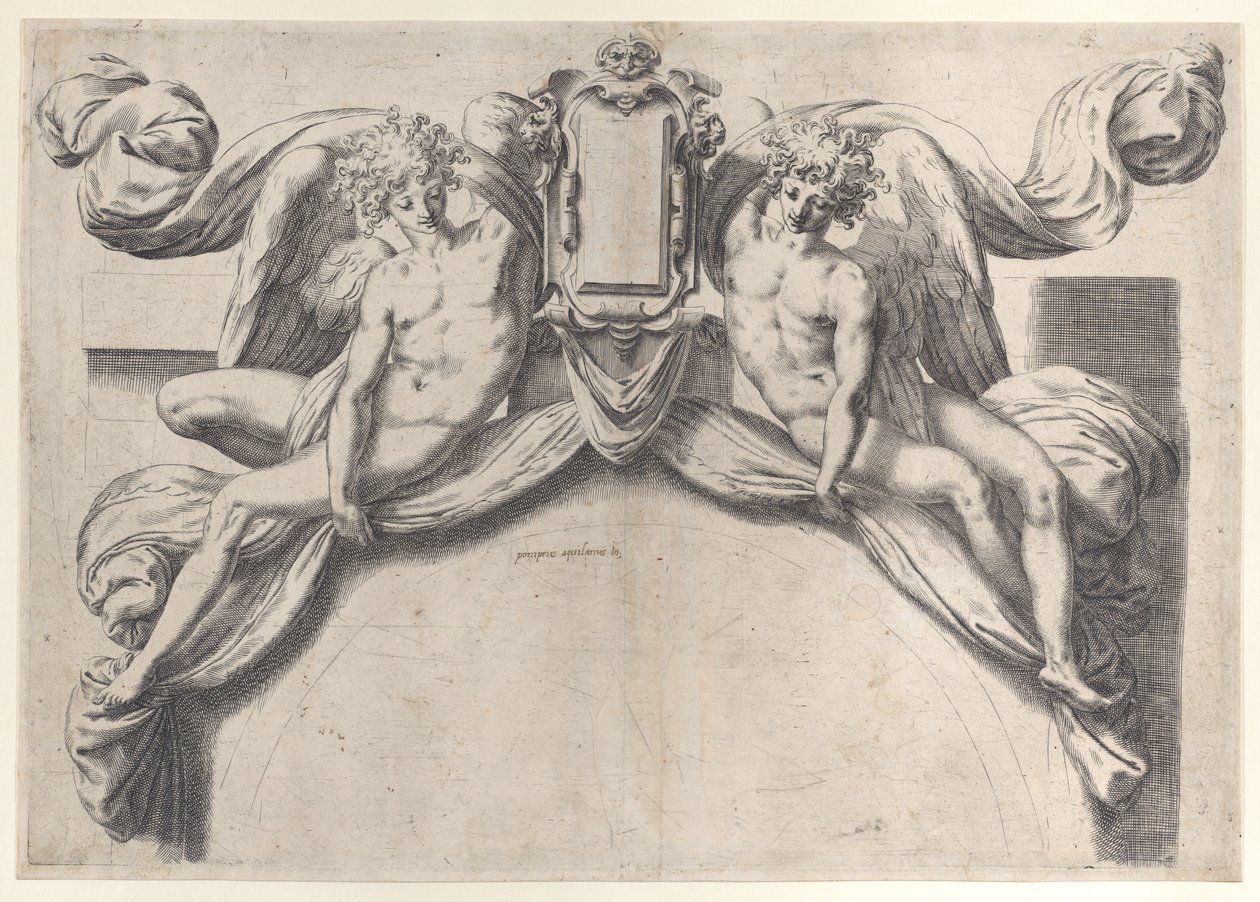 Bir kartuşu veya kalkanı destekleyen iki melek, 1568-77., 1568-77. by Orazio de Sanctis
