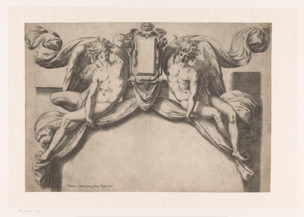 Kartuş tutan iki cinli bir kapı çerçevesi tasarımı by Orazio de Santis (attributed to)