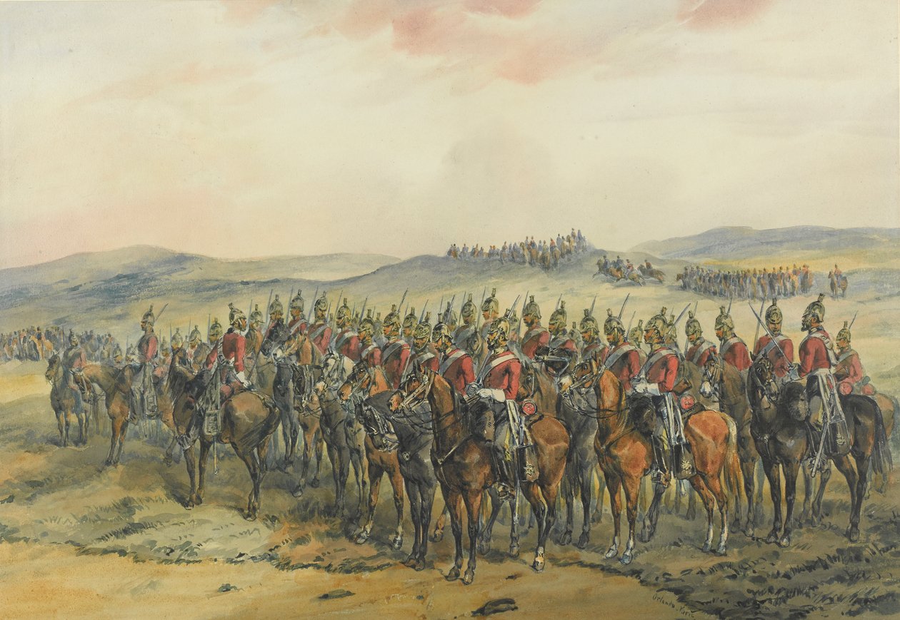 4. ve 5. Ejderha Muhafızları, Balaclava'daki Saldırıdan Önce Ağır Ejderhalar Hattı (kağıt üzerine kalem, mürekkep ve sulu boya) by Orlando Norie