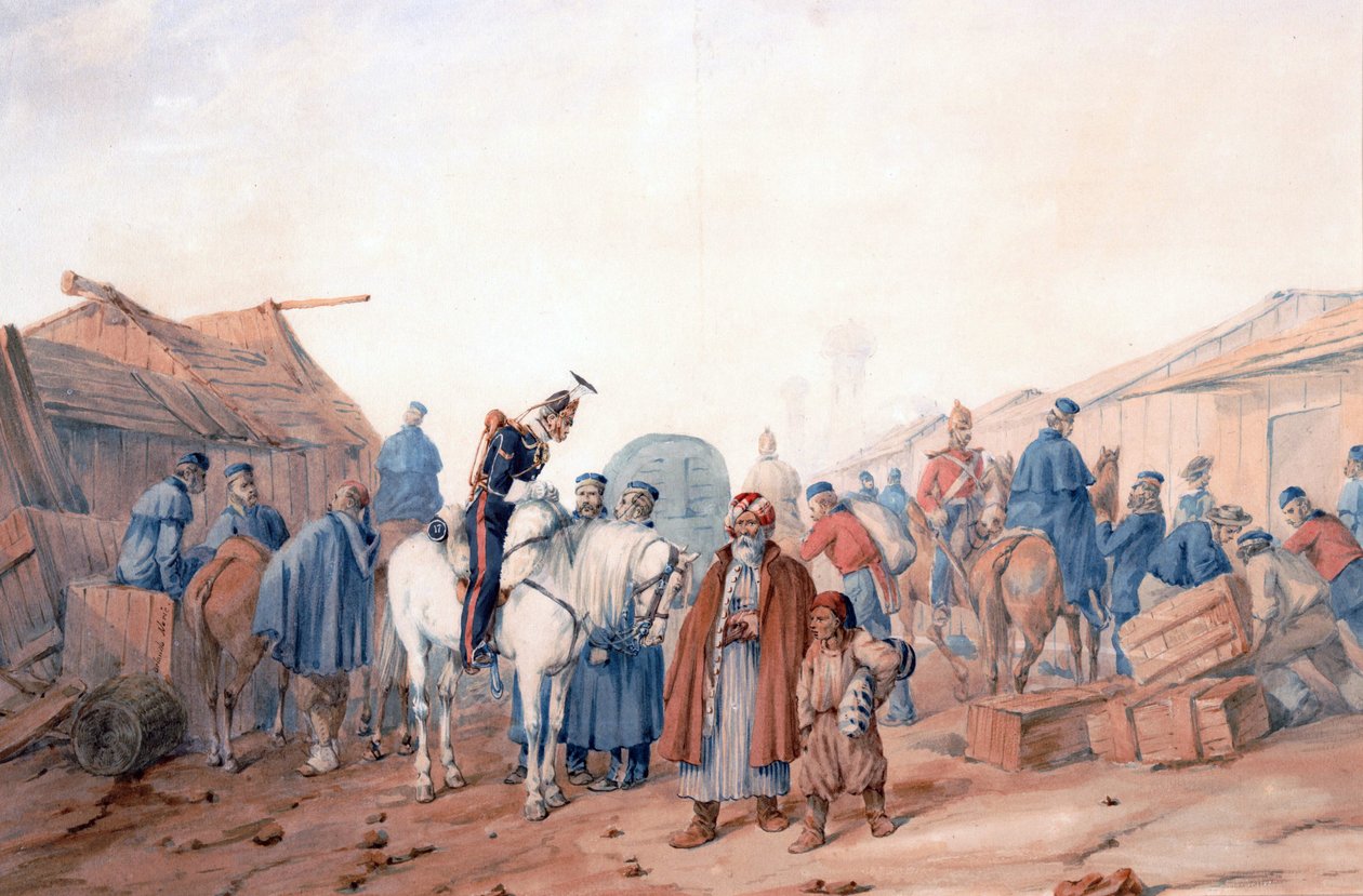 İngiliz Ordusunun Balaclava (Balaklava) limanındaki ikmal üssü - Norie, Orlando (1832-1901) - 1854 - Kağıt üzerine suluboya - 36,3x52,6 - Özel Koleksiyon by Orlando Norie