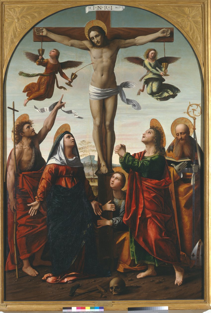 Bakire ve Vaftizci Yahya, Aziz Mary Magdalen, Evangelist Aziz John ve Aziz Augustine ile Çarmıha Gerilme by Ortolano