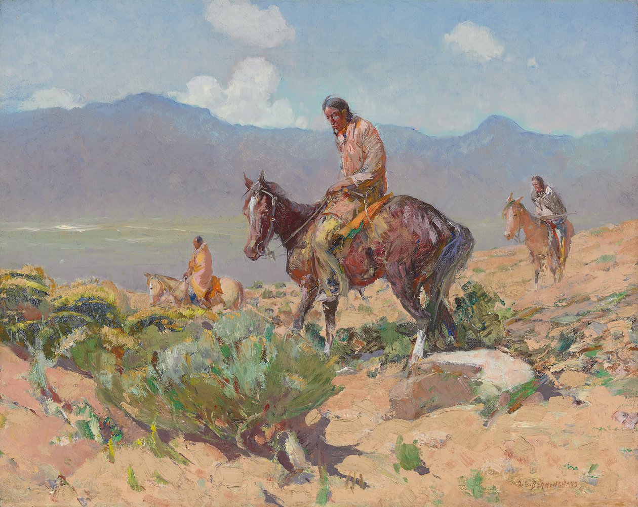 At Sırtında Kızılderililer (Yaz Avı) (tuval üzerine yağlıboya) by Oscar Edward Berninghaus