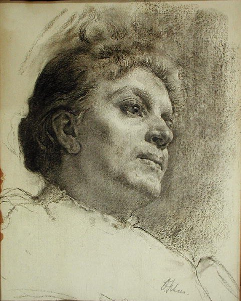Bir Kadının Başı (kağıt üzerinde kömür) by Oscar Fehrer