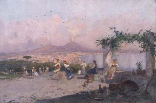 Ön Planda Dans Eden Figürlerle Napoli Körfezi by Oscar Ricciardi