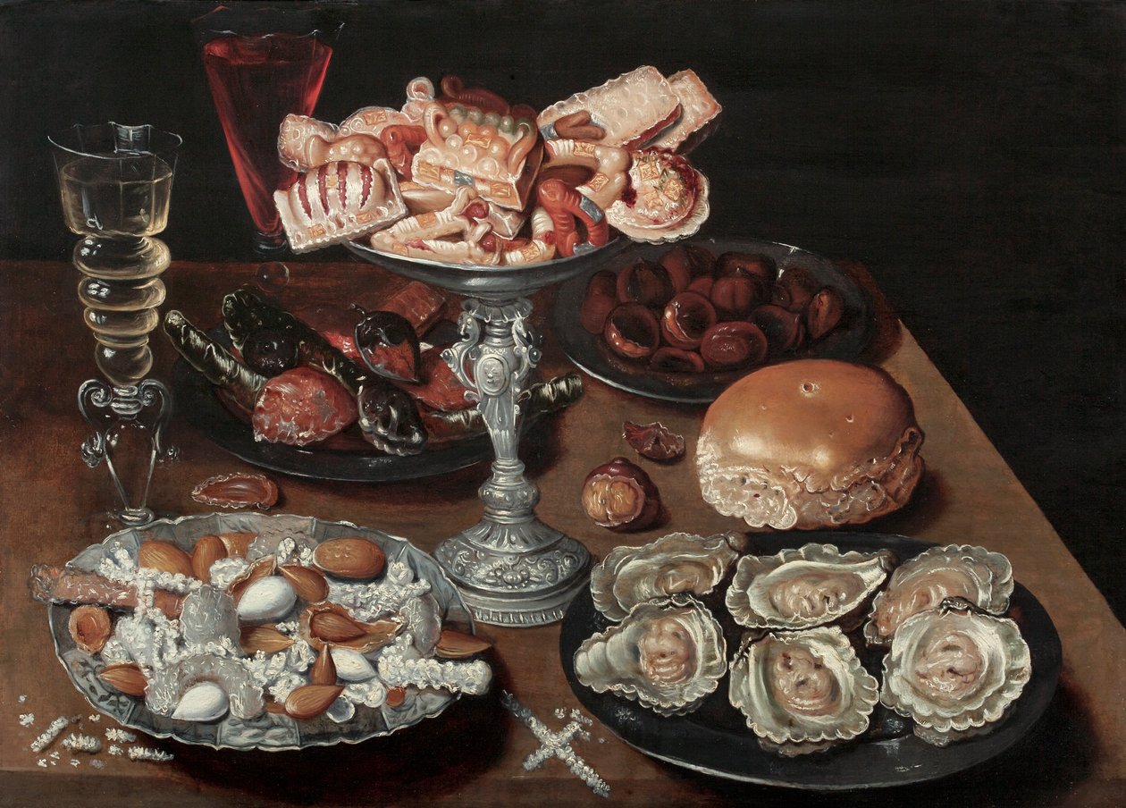 Ahşap Masada Badem, İstiridye, Tatlılar, Kestane ve Şarap, c.1605-30 by Osias the Elder Beert