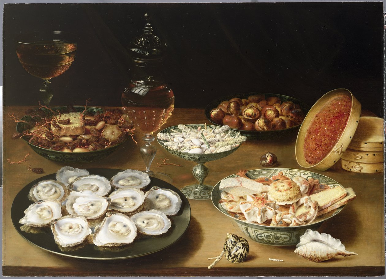 İstiridye, şekerleme ve kavrulmuş kestane ile natürmort (panel) by Osias the Elder Beert