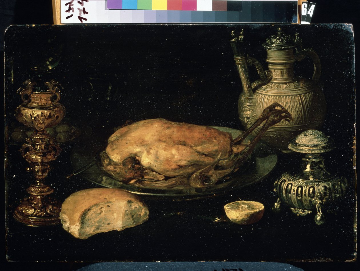""Tavuk, limon, ekmek, gümüş eşyalar ve kandilden oluşan natürmort"" (Natürmort) Tablo Yaşlı Beert (1580-1624) 17. yüzyıl Mikhail Kroshitsky Sanat Müzesi, Sivastopol (Sivastopol) Ukrayna by Osias the Elder Beert
