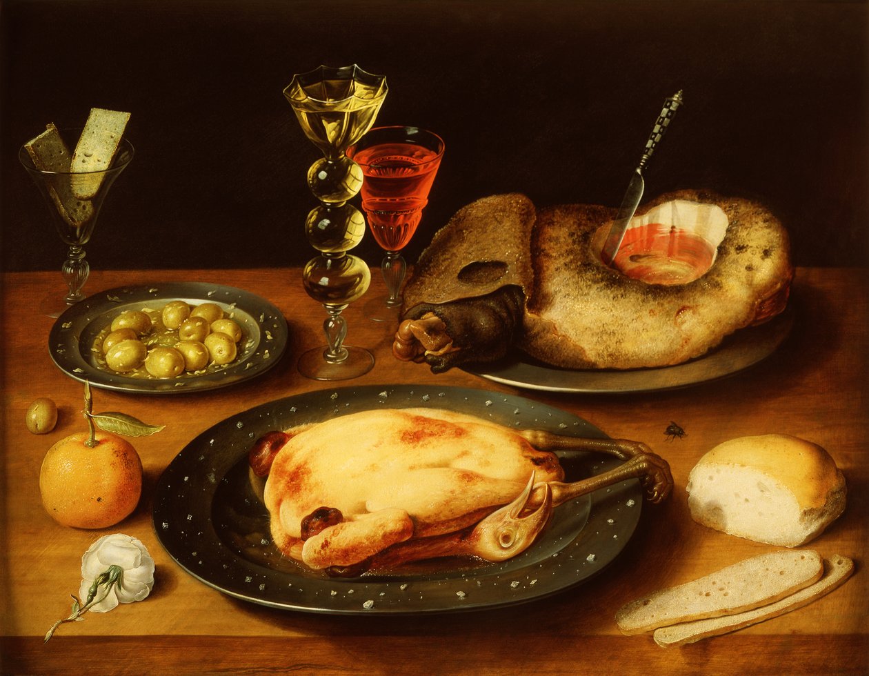 Kalaylı Tabakta Kızartılmış Tavuk, Jambon ve Zeytin (panelde yağ) by Osias the Elder Beert