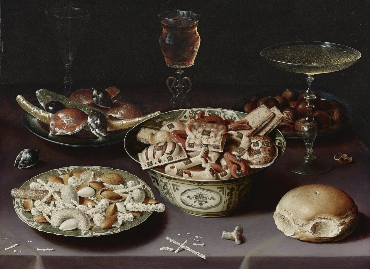 Tatlılar, kestane ve rulo ekmek ile natürmort by Osias the Elder Beert