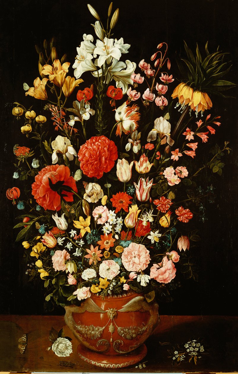 Pişmiş toprak vazoda laleler, zambaklar, süsen, güller, karanfiller, şakayıklar ve diğer çiçekler by Osias the Elder Beert