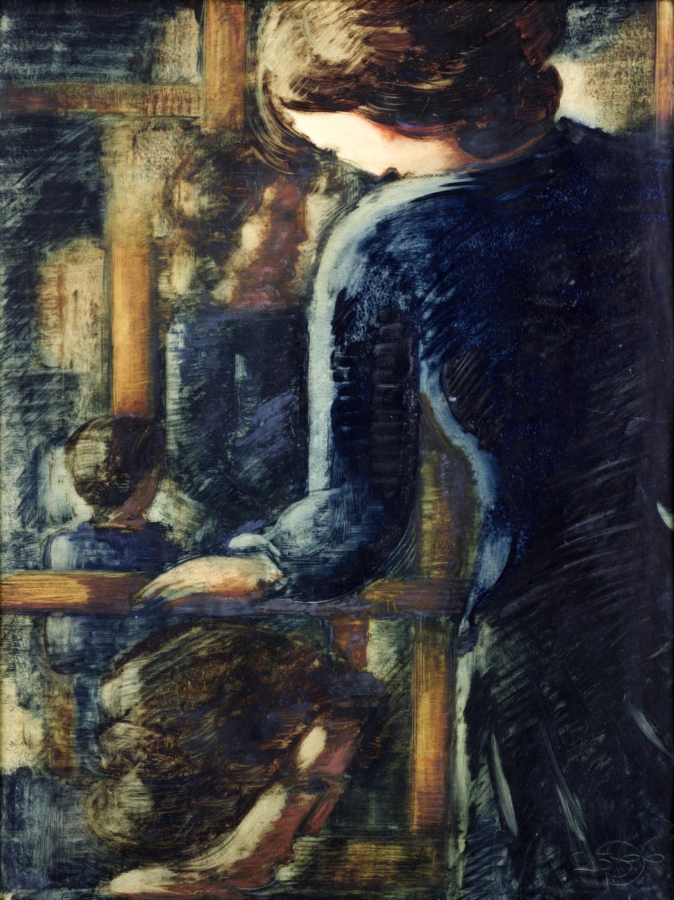 Üç Kız (ve profilde bir kafa) (kağıt üzerinde yağlı boya) by Oskar Schlemmer