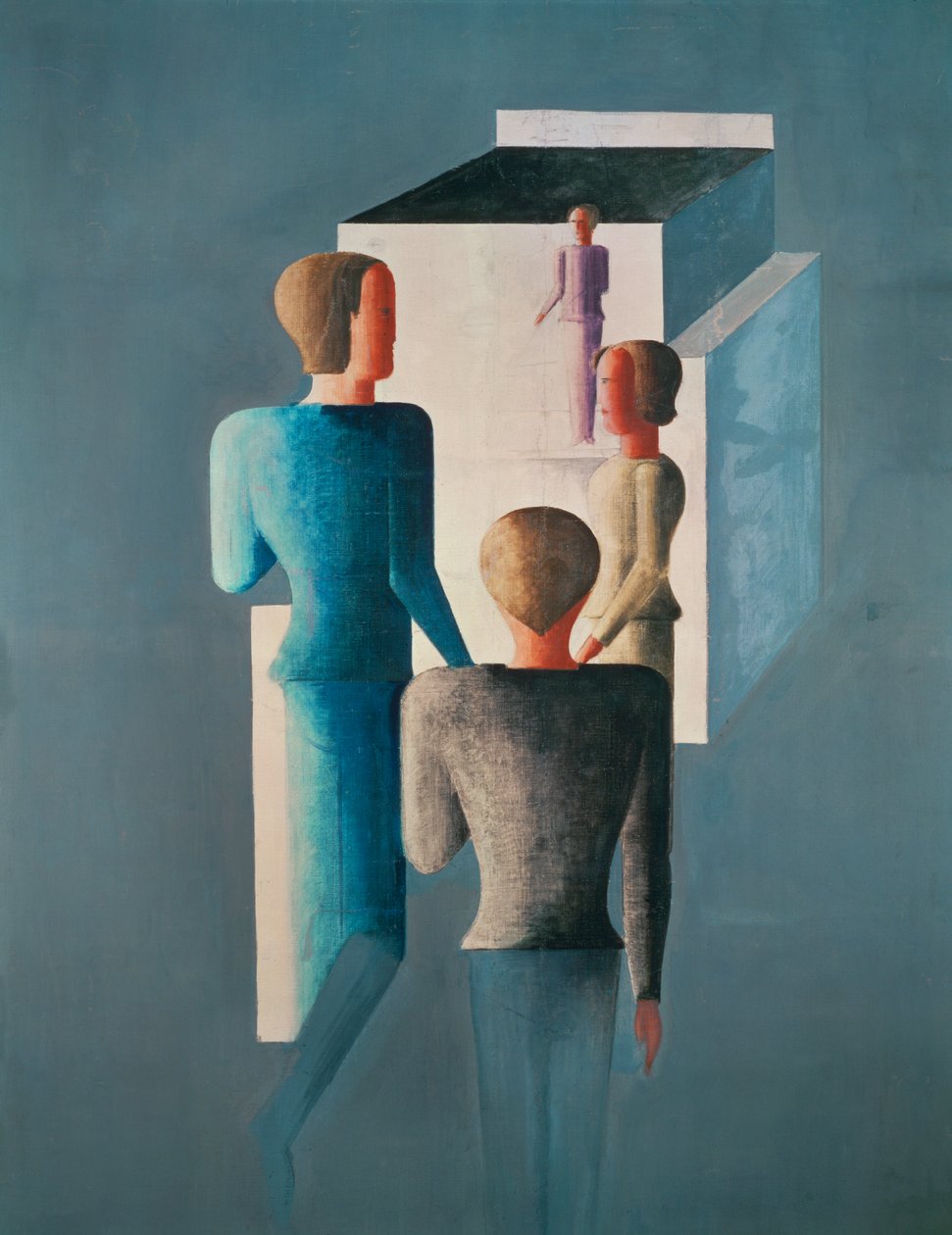 Dört figür ve bir küp (tuval üzerine resim) by Oskar Schlemmer