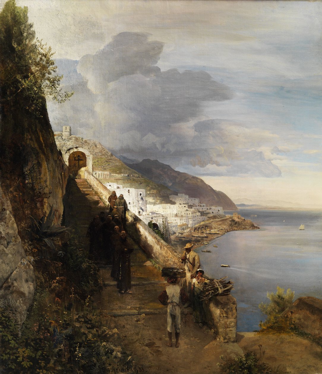 Capuchin manastırına merdivenlerle Amalfi sahili by Oswald Achenbach