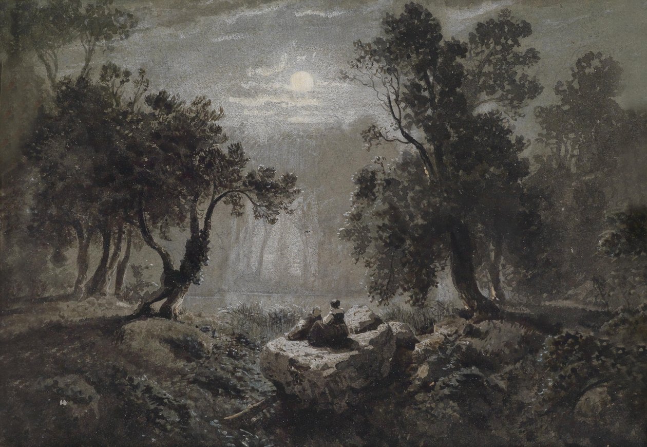 Ay ışığında romantik bir orman manzarası by Oswald Achenbach