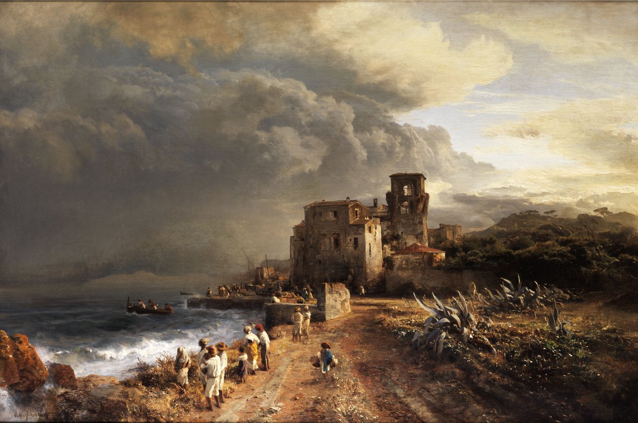 Figür kadrosu ile deniz kenarında gölgeli manzara by Oswald Achenbach
