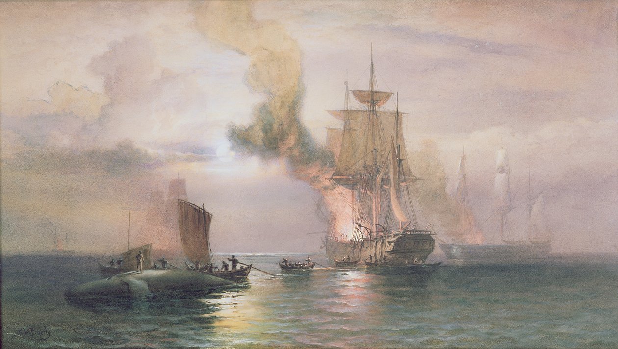 Güney Denizi balina avcıları balina kaynıyor, yanında balina, c.1875-85 by Oswald Walters Brierly