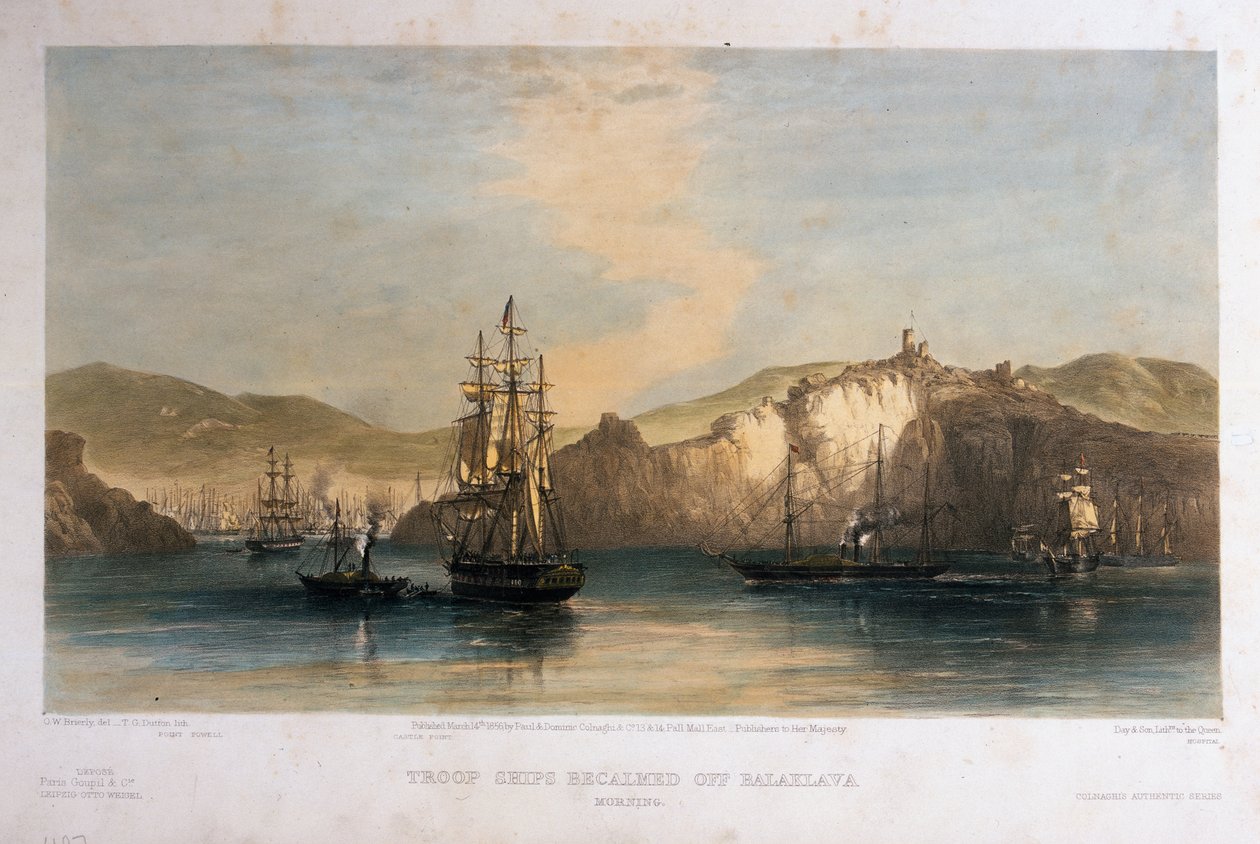 Birlik Gemileri Balaklava açıklarında sakinleştirildi, Sabah, T.G. Dutton, Colnaghi und Co., 1855 tarafından yayınlandı by Oswald Walters Brierly