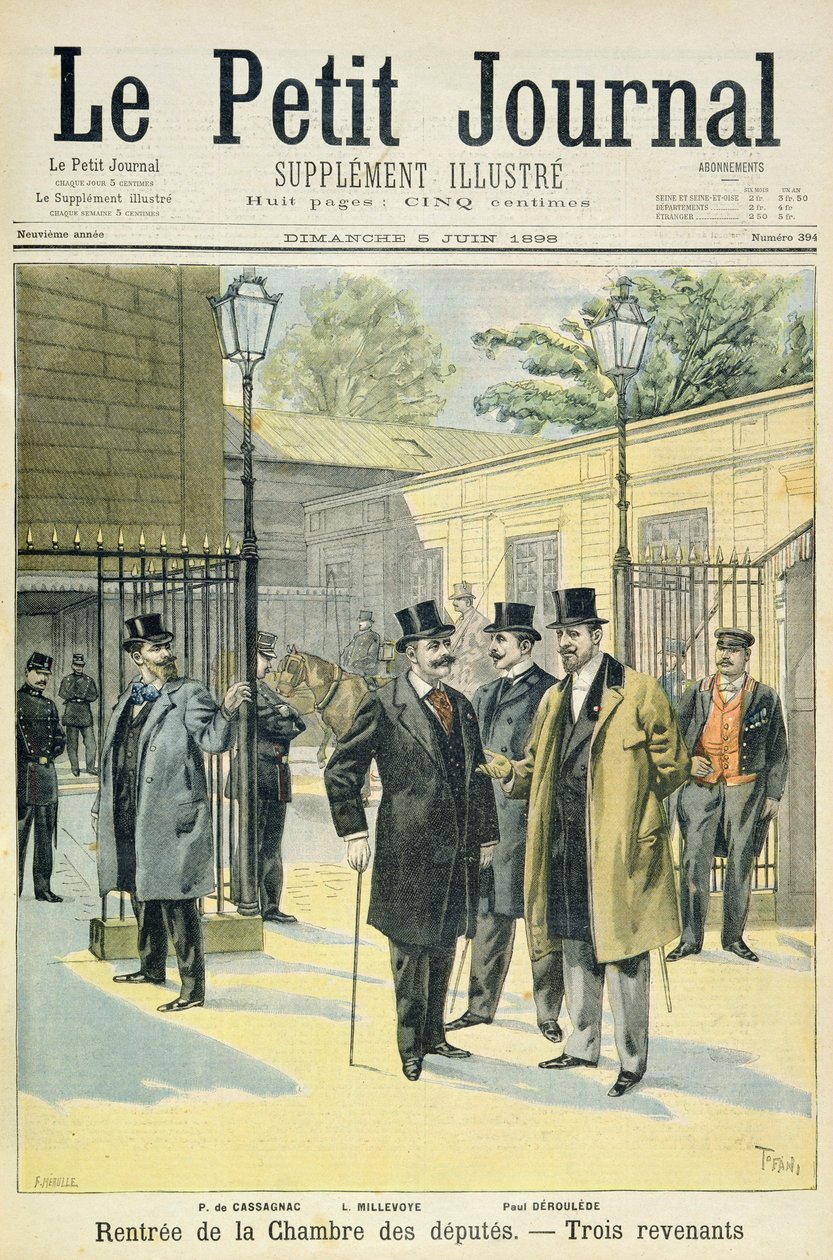 Title page depicting the reopening of the House of Deputies with Paul Granier de Cassagnac, Lucien Millevoye and Paul Deroulede, illustration from the illustrated supplement of Le Petit Journal, 5th J by Oswaldo Tofani
