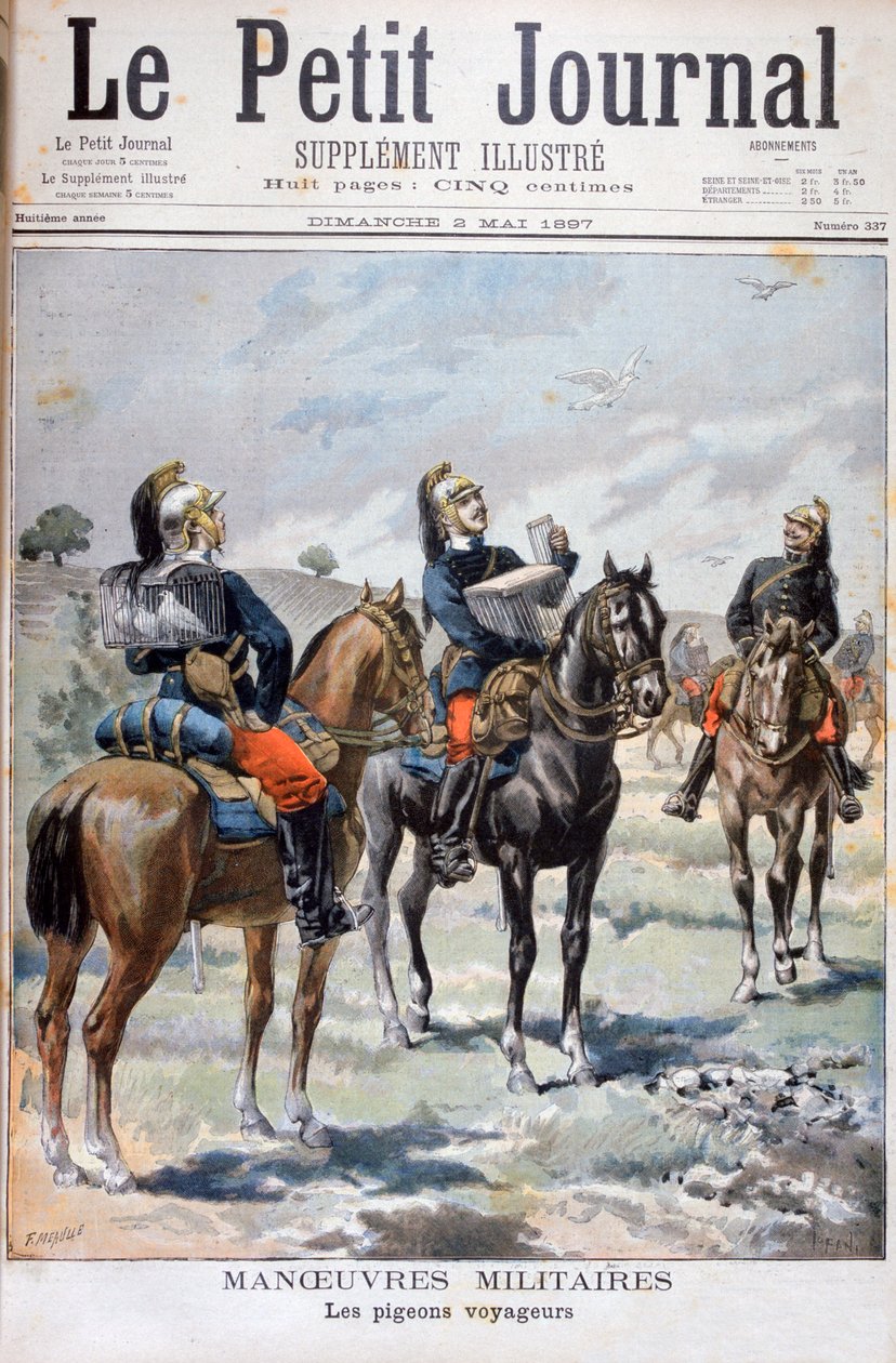 Fransız askeri manevraları: iletişim kurmak için güvercinlerin kullanılması, 1897 by Oswaldo Tofani