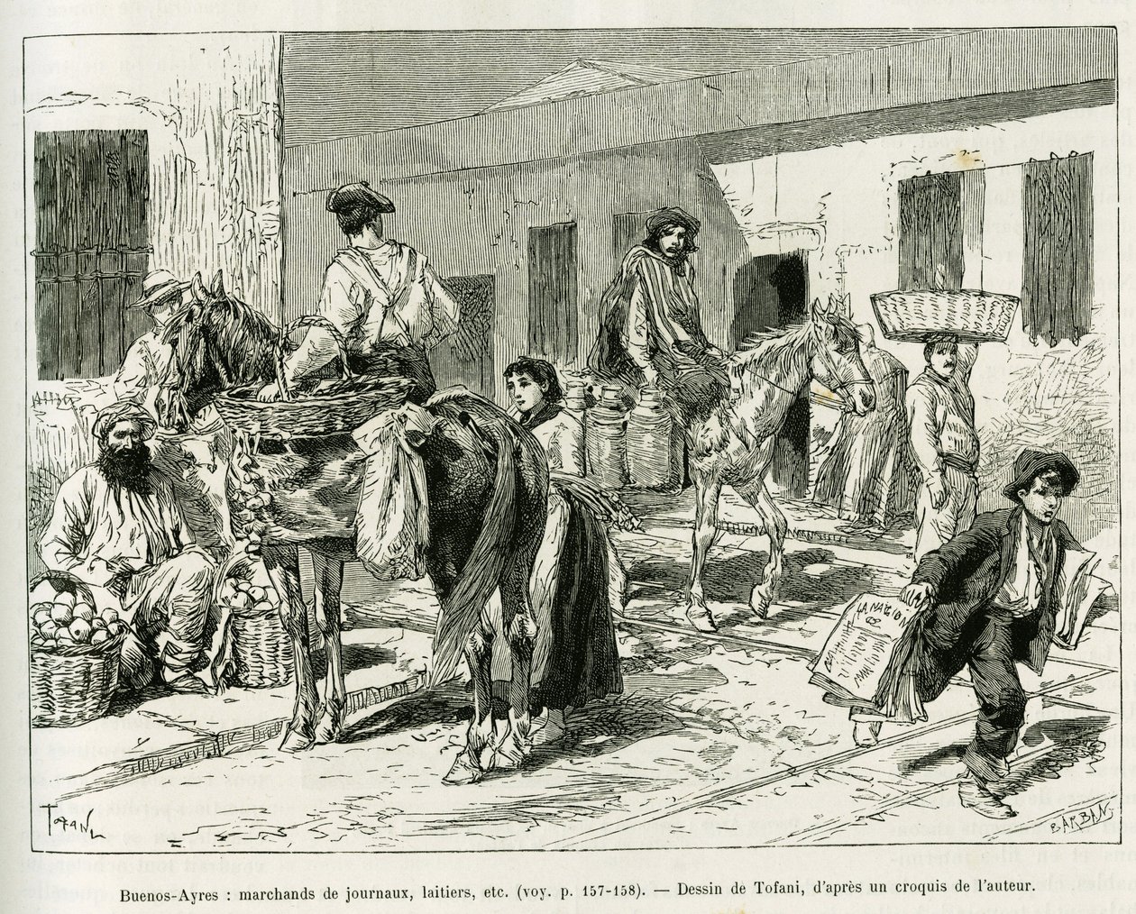 Buenos Aires (Arjantin) sokaklarında küçük işletmeler, gazete bayileri, mandıra, meyve satıcıları vb. Voyage a la Plata hikayesini göstermek için Tofani tarafından yapılan gravür, 1886