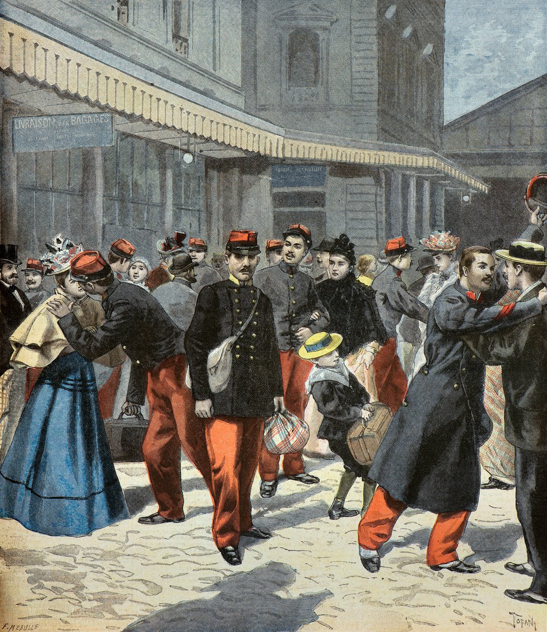 Sınıfın dönüşü. Askerlik hizmetlerinin ardından ailelerine kavuşan askerler 1897 (Gravür) by Oswaldo Tofani