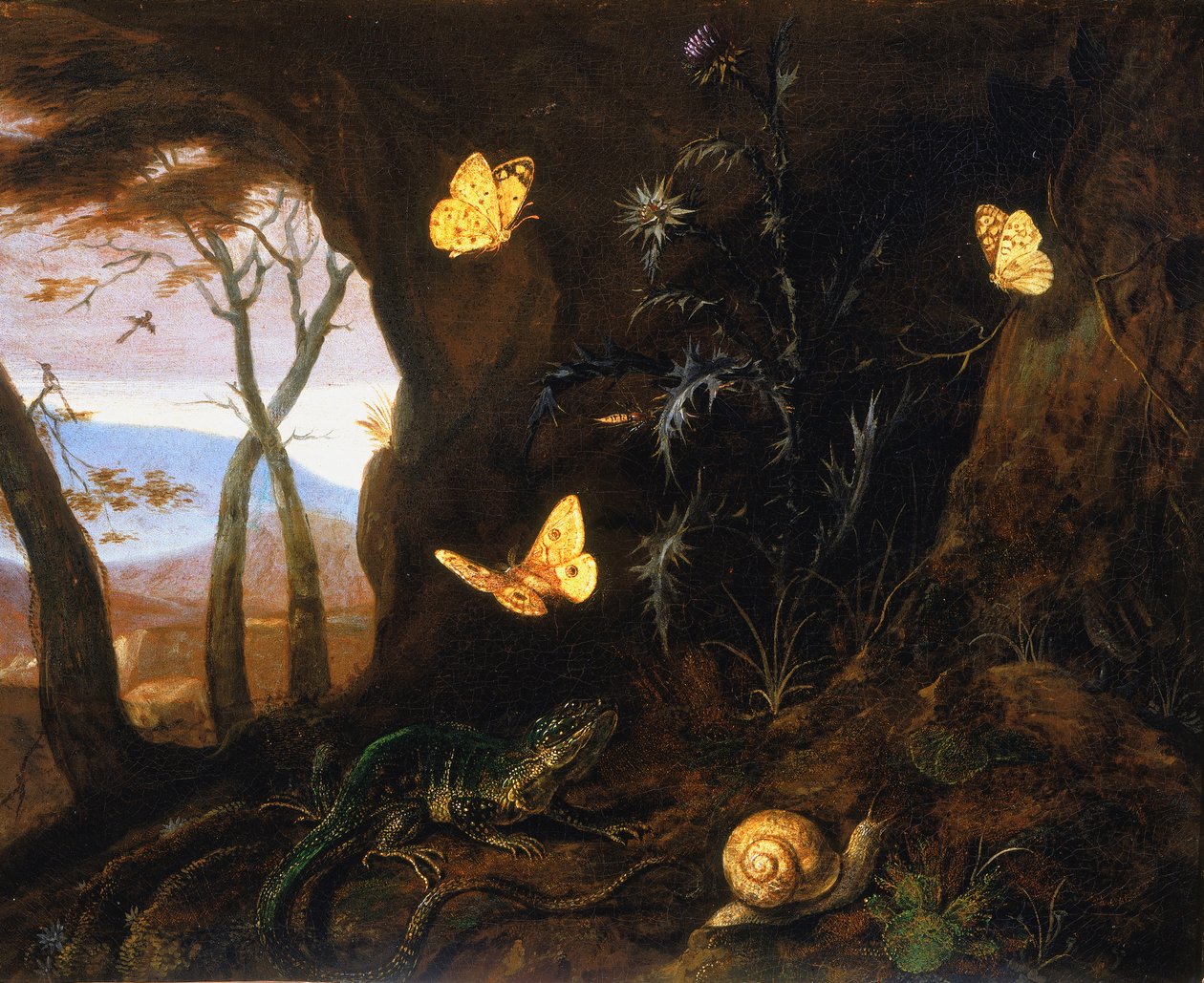 Ormanın bir köşesinde küçük sürüngenler ve kelebekler by Otto Marseus  van Schrieck