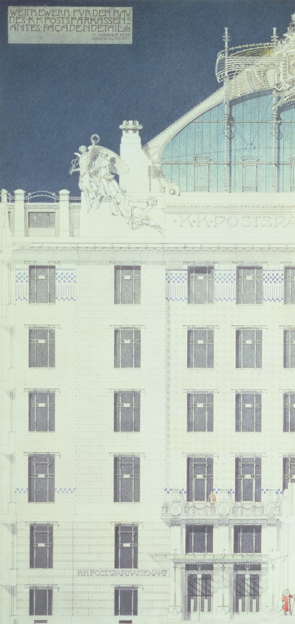 Post Office Savings Bank, Vienna, design showing detail of the facade, c.1904-06 (coloured pencil) by Otto Wagner