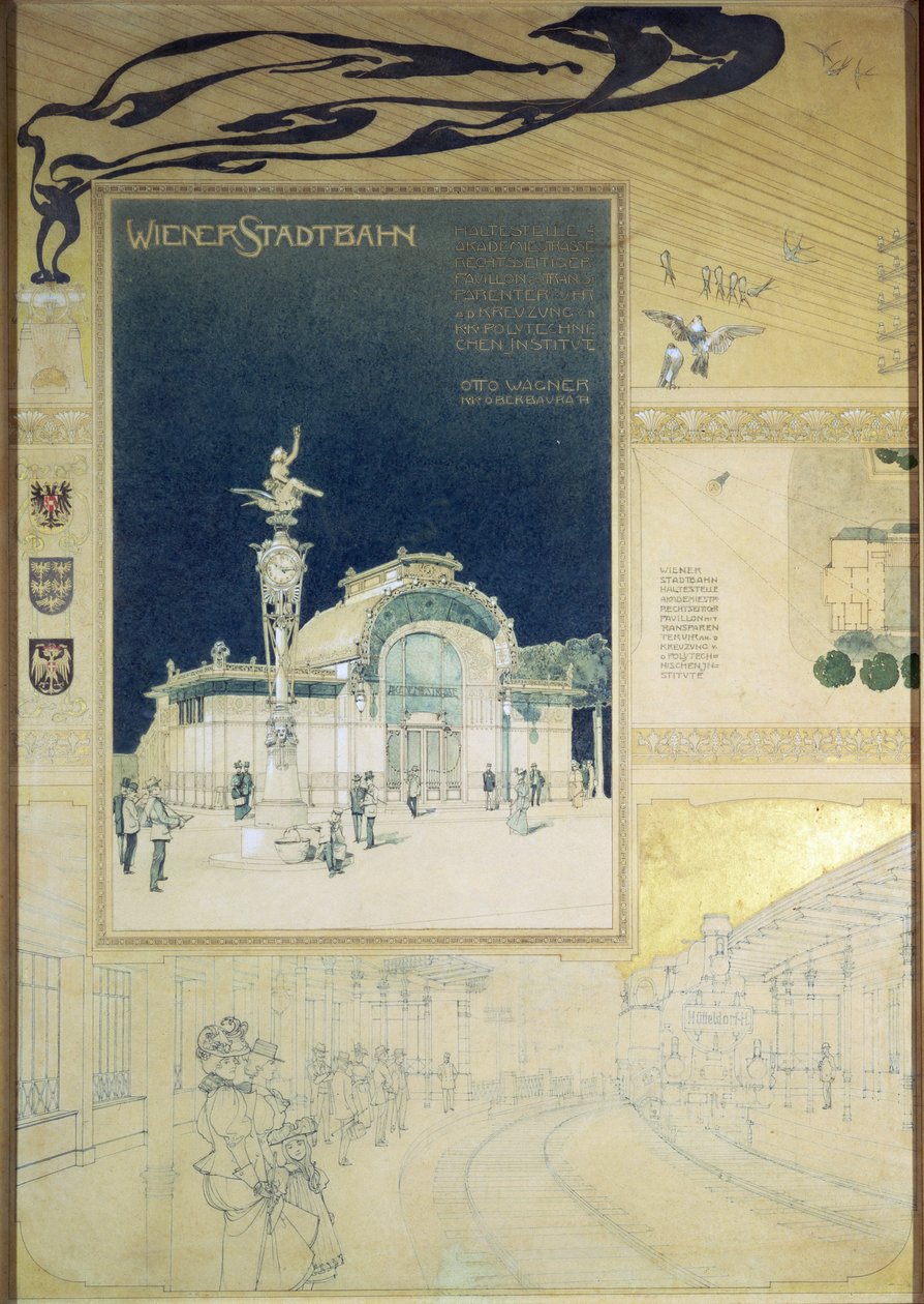 Viyana Yeraltı Demiryolunun Stadtbahn Pavyonu, dış cepheyi ve demiryolu platformunun bir görünümünü gösteren tasarım, c.1894-97 (renkli kalem) by Otto Wagner