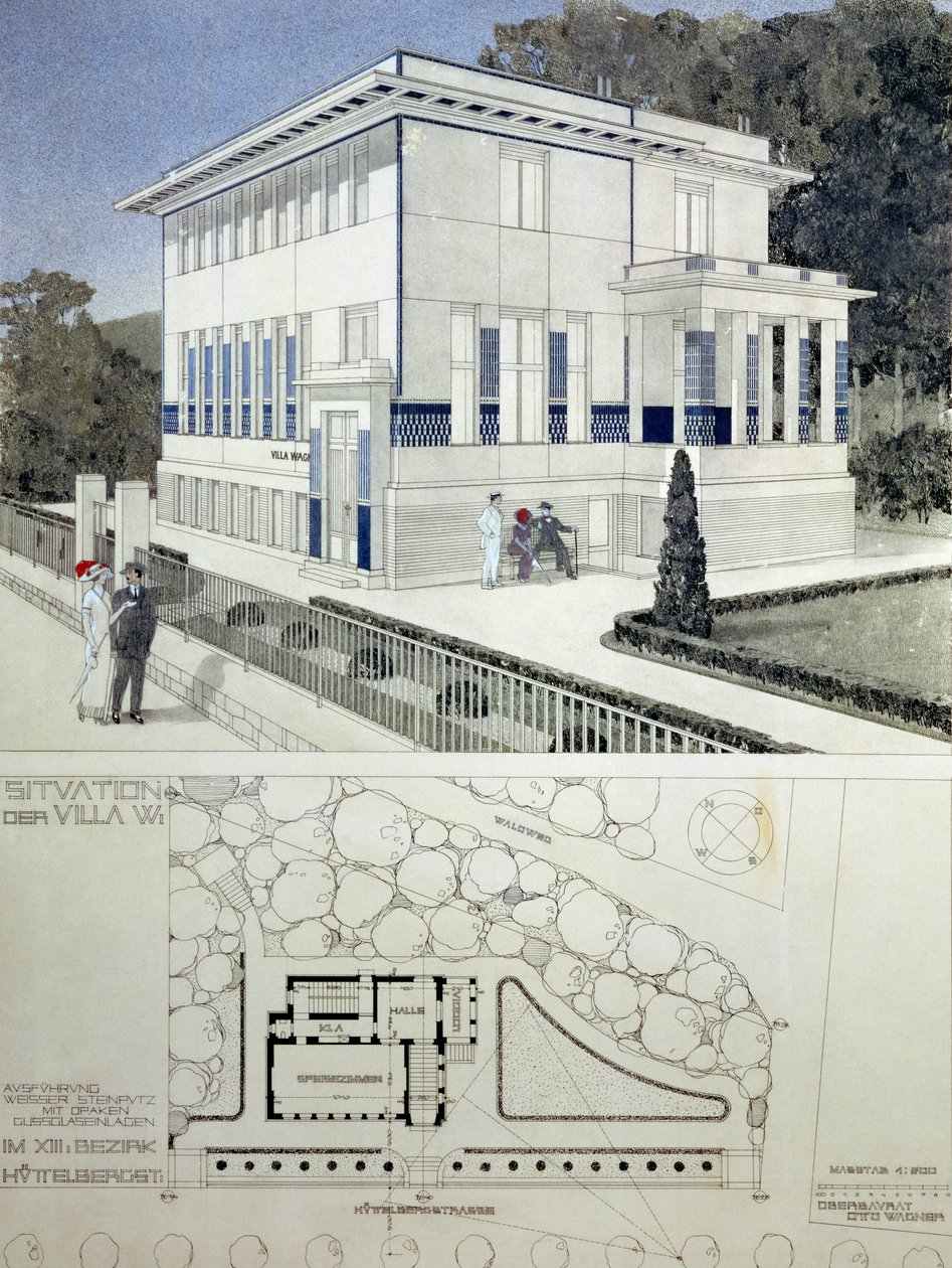 Villa Wagner, Viyana, masmavi paneller ve çivi başı süslemeli, şiddetli geometrik tarzda çelik ve betondan inşa edilmiş, evin dışını gösteren tasarım, aşağıda evin planı ve gr by Otto Wagner