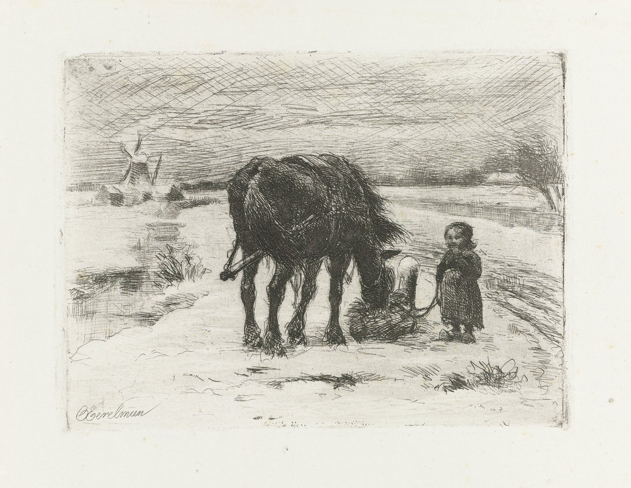 Çocuk ve at ile kar manzarası by Otto Eerelman