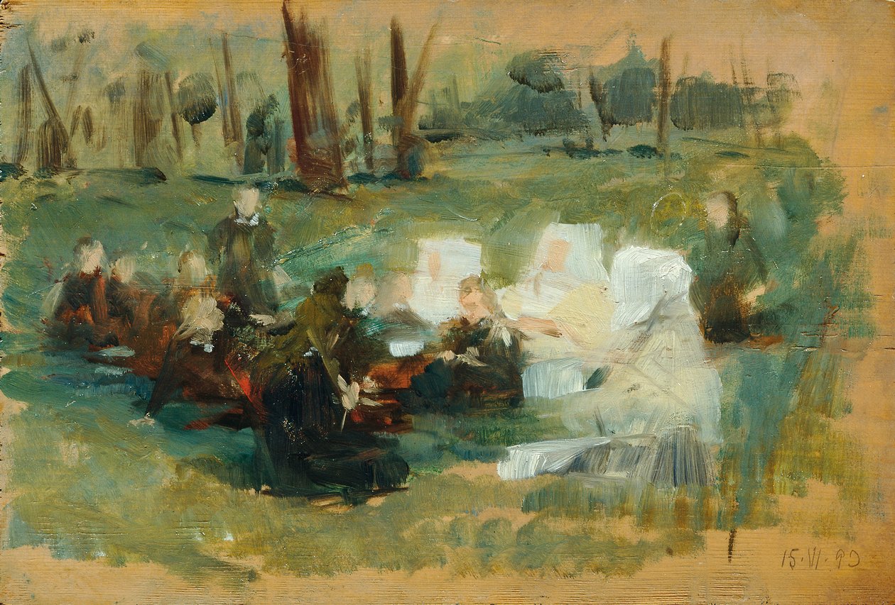 Beyaz giyinmiş üç rahibe ve güneşte bir orman çayırında bir rahip olan bir grup çocuk by Otto Friedrich