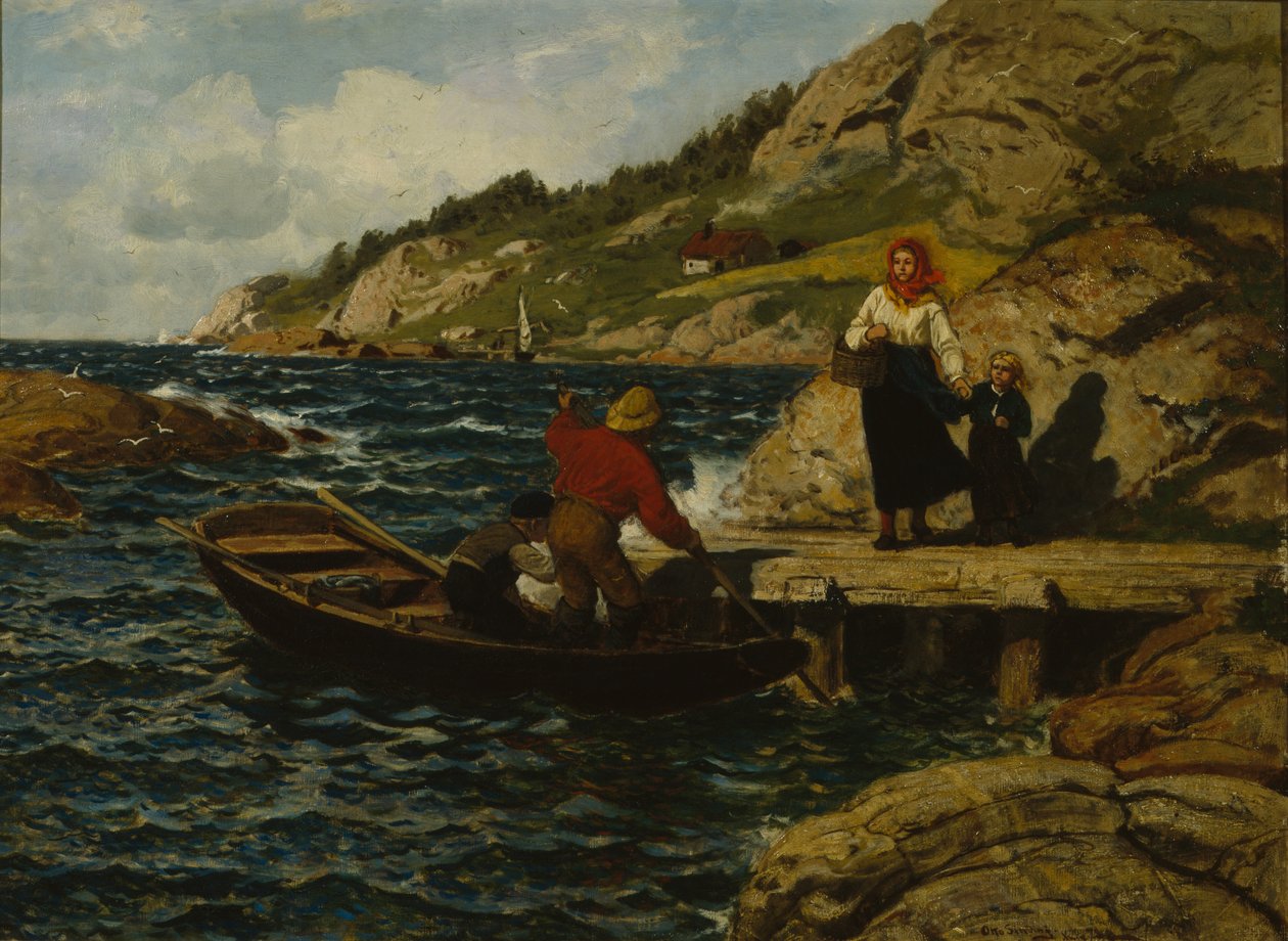 Balıkçı, kadın ve çocuk, rıhtımda by Otto Ludvig Sinding