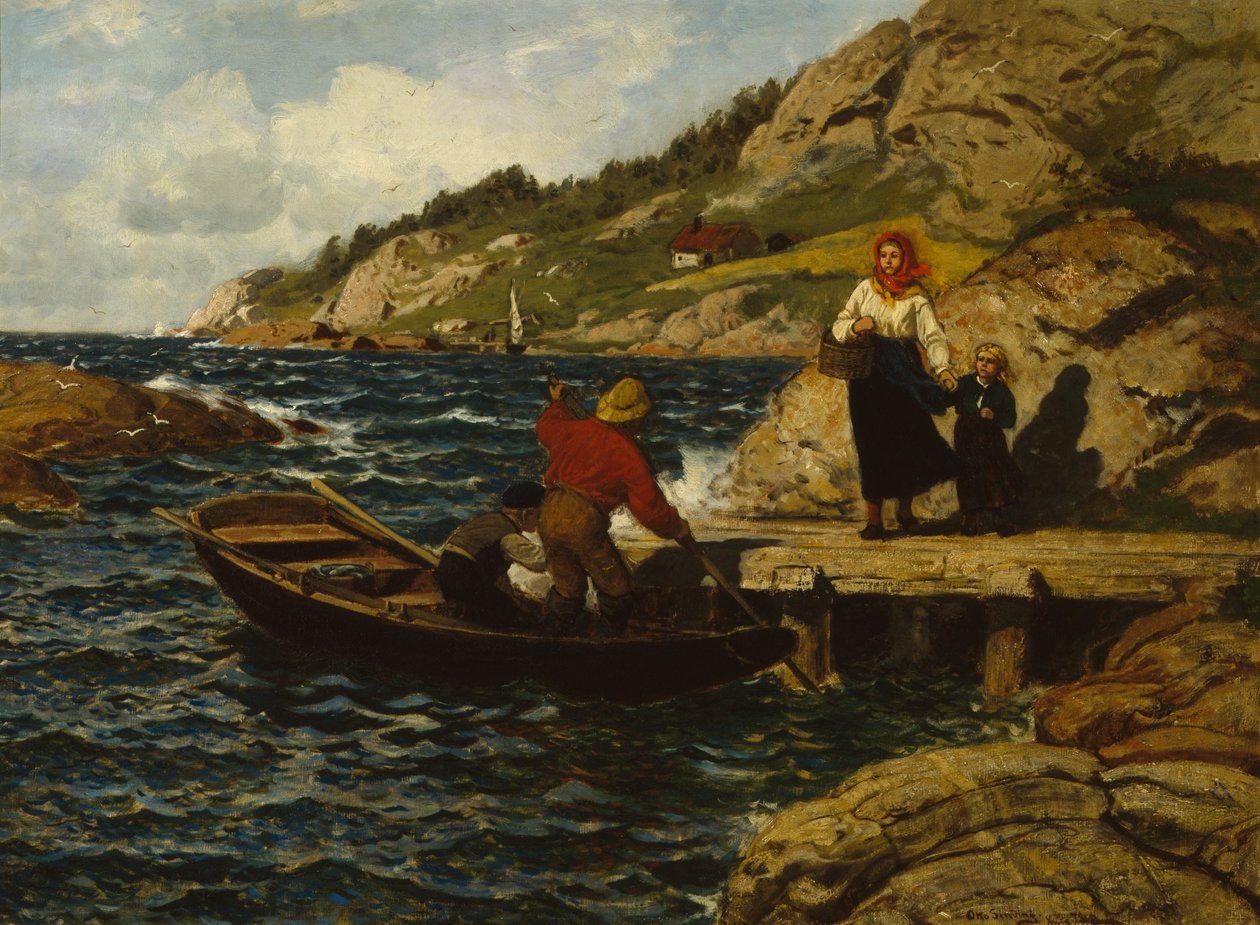 Balıkçı, kadın ve çocuk, rıhtımda by Otto Ludvig Sinding