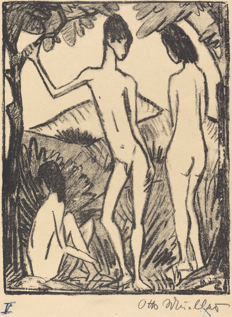 Ayakta duran erkek ve iki kız by Otto Müller