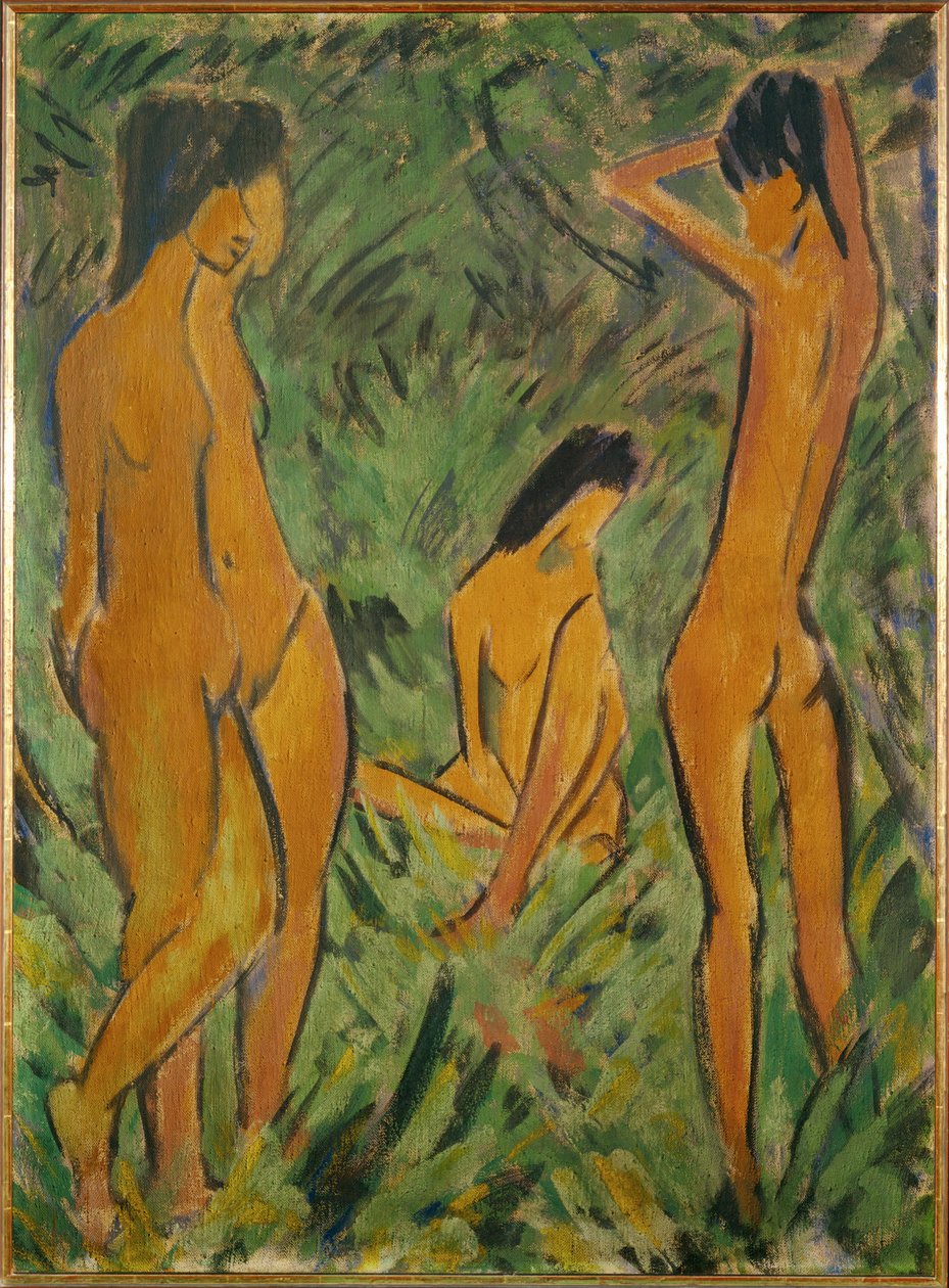 İki kızın önünde erkek çocuk, biri ayakta, biri oturuyor (çuval bezi üzerinde distemper) by Otto Muller or Mueller