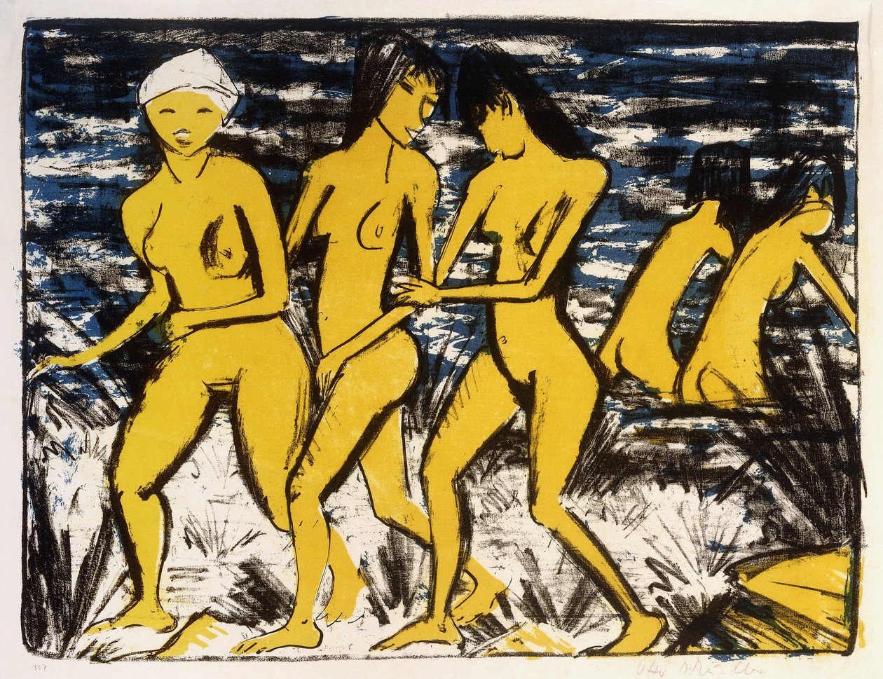 Su Üzerindeki Beş Sarı Nü; Fünf Gelbe Akte am Wasser by Otto Mueller