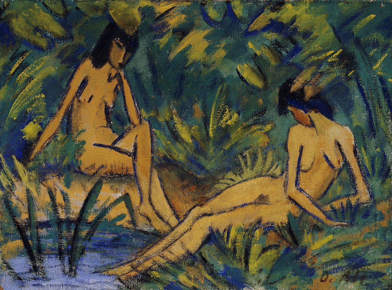 Su Kenarında Oturan Kadın; Su Kenarında Oturan Kızlar, c. 1914-16 by Otto Mueller