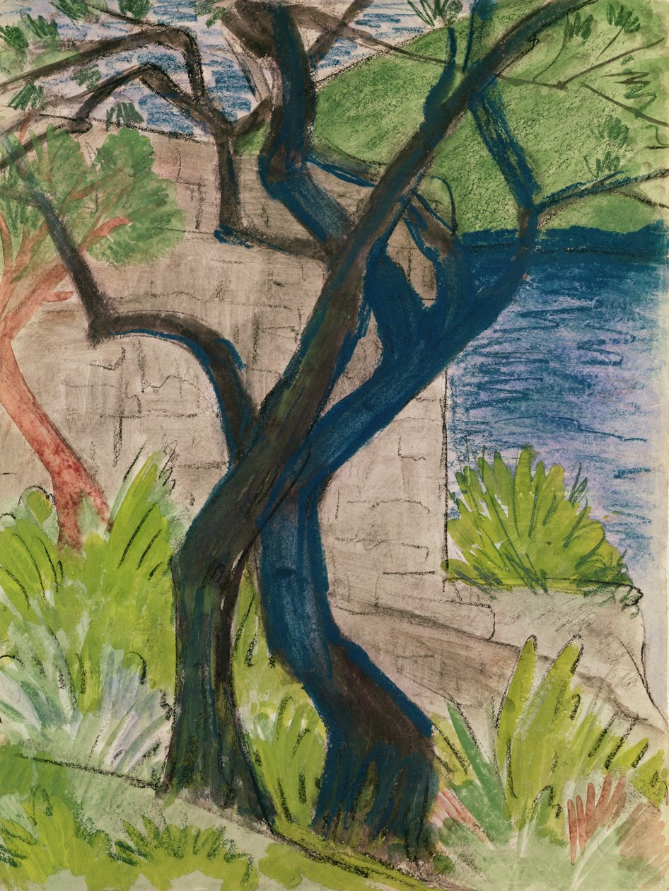 Köprüden önceki ağaçlar (kağıt üzerine pastel ve guaj boya) by Otto Mueller