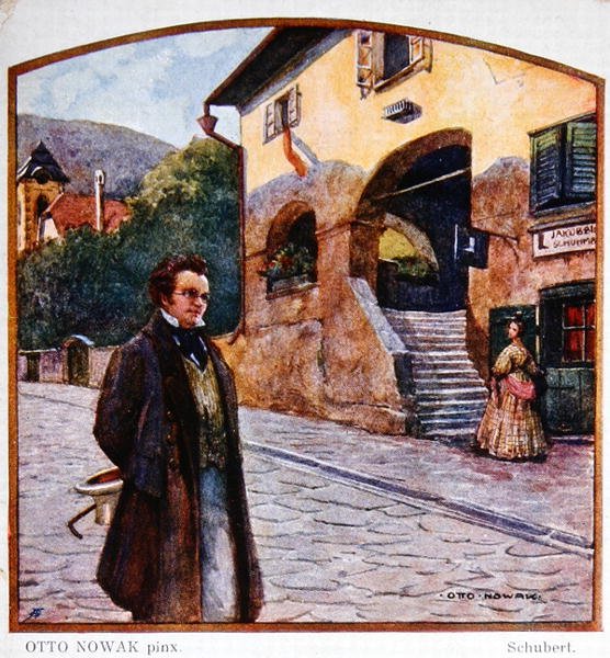 Franz Peter Schubert (1787-1828) kunduracının evinin önünde, c.1910 (renkli taş) by Otto Robert Nowak