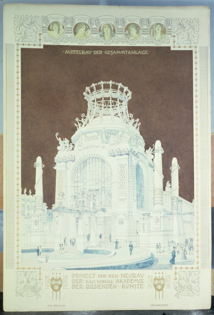 Güzel Sanatlar Akademisi, Viyana, Şeref Salonu için tasarım (renkli kalem) by Otto Wagner