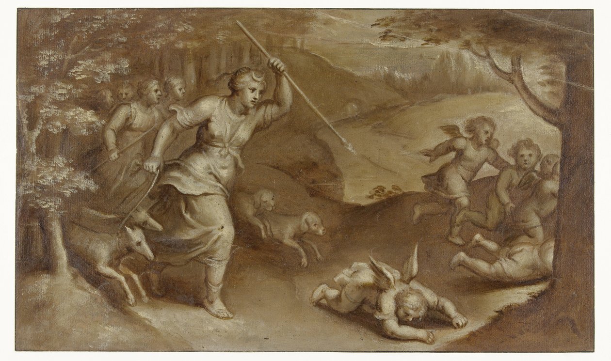 Diana, Cupid'i ve onu tuzağa düşürmeye çalışan yardımcılarını kovalar. by Otto van Veen