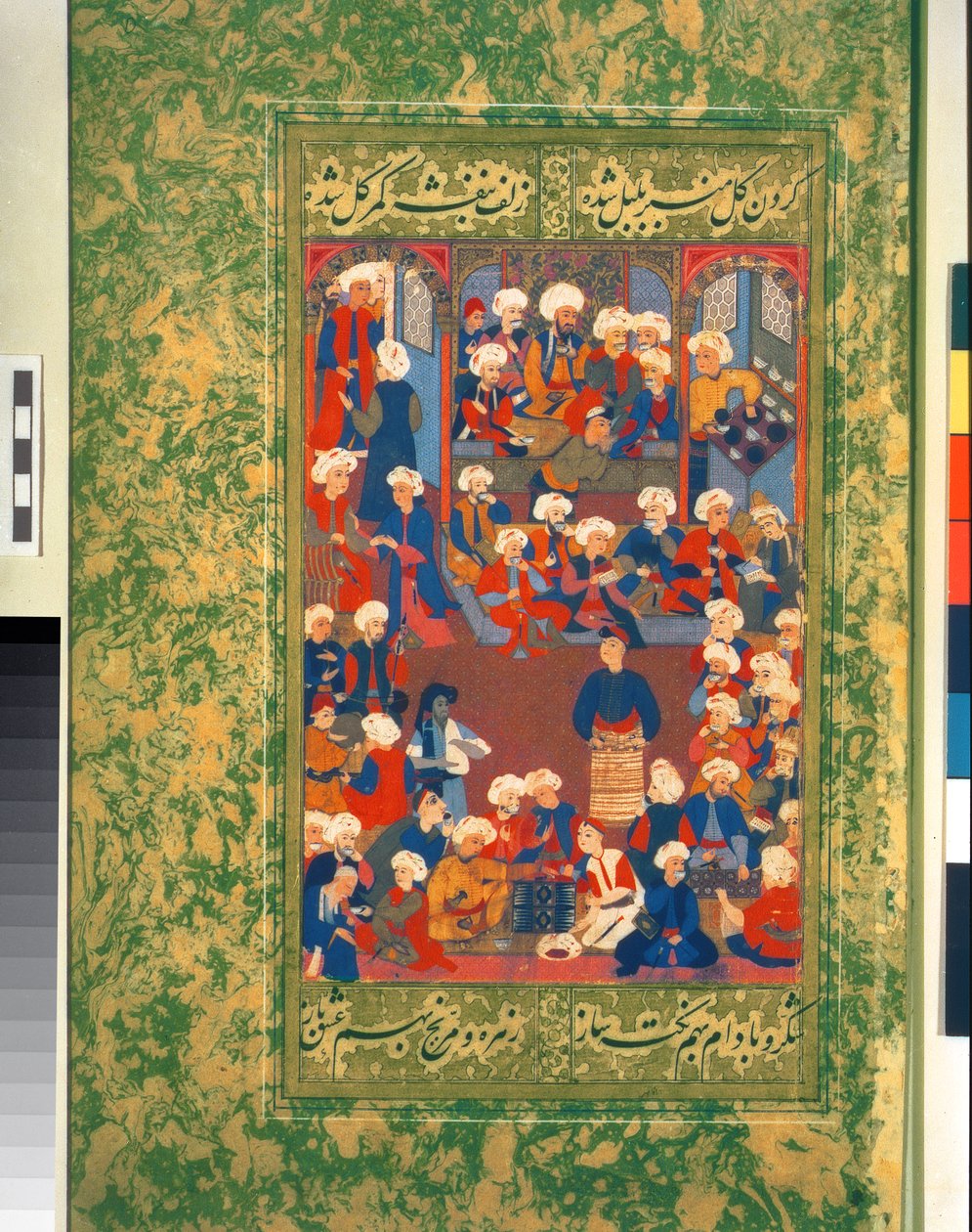 Ms 439 f.9r Erkeklerin kahve içtiği ziyafet sahnesi, bir teneffüste oturan onur konukları, üç müzisyen tarafından ağırlanırken, yaşlı bir adam hastalanırken, bir resim ve hat albümünden (vell) by Ottoman School