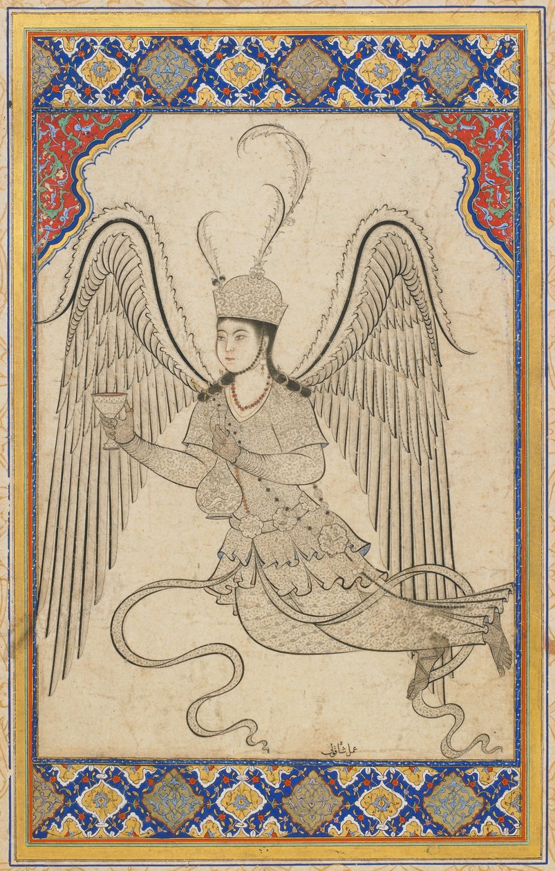 Melek, uçan, bardak ve şarap şişesi ile (Mürekkep, renkli yıkama ve kağıt üzerinde altın) by Ottoman School