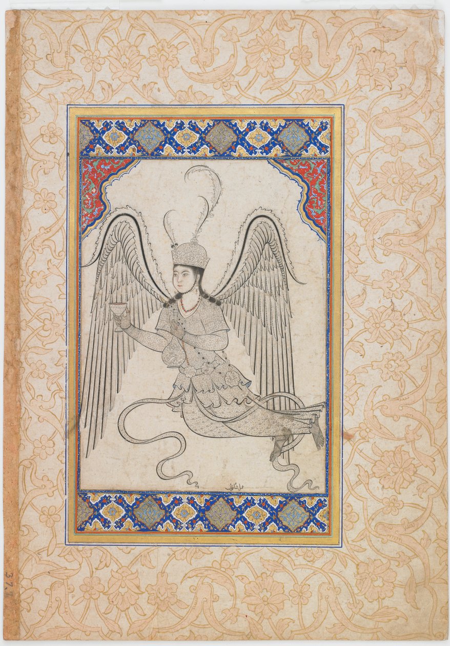 Melek, uçan, bardak ve şarap şişesi ile (Mürekkep, renkli yıkama ve kağıt üzerinde altın) by Ottoman School