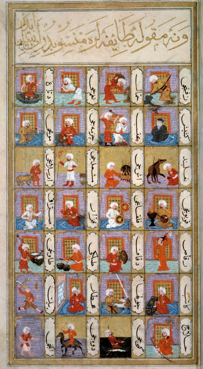 Astroloji: Gezegenlere göre insanın farklı faaliyetlerinin temsili: müzisyen, marangoz, dokumacı, deve yapımcısı, kopyacı, ressam, terzi. Osmanlı el yazmasından minyatür 242 Mohamed ibn tarafından “” Matali 