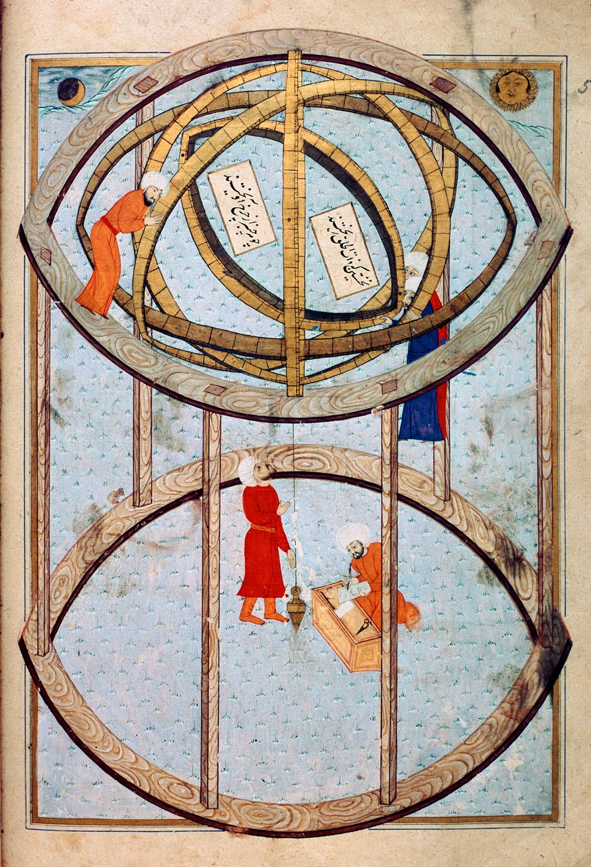 Devasa bir zırhlı küreyi manipüle eden gökbilimciler ve boylam ve enlemleri ölçmek için araçlar Minyatür el yazmasından ms. FY 1404 “”Şehinşahname”” (veya Shahinshah-nameh veya Shahinshah-nameh, Shahinshah name veya Shahinshah nameh) “Kralın hikayesi by Ottoman School