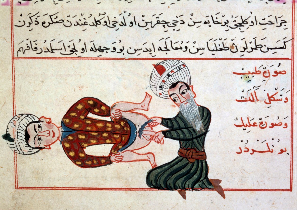 Tıp: bir hermafoditin hadım edilmesi. Şerefeddin'in Türk Tıbbında Bir Tedaviden Minyatür by Ottoman School