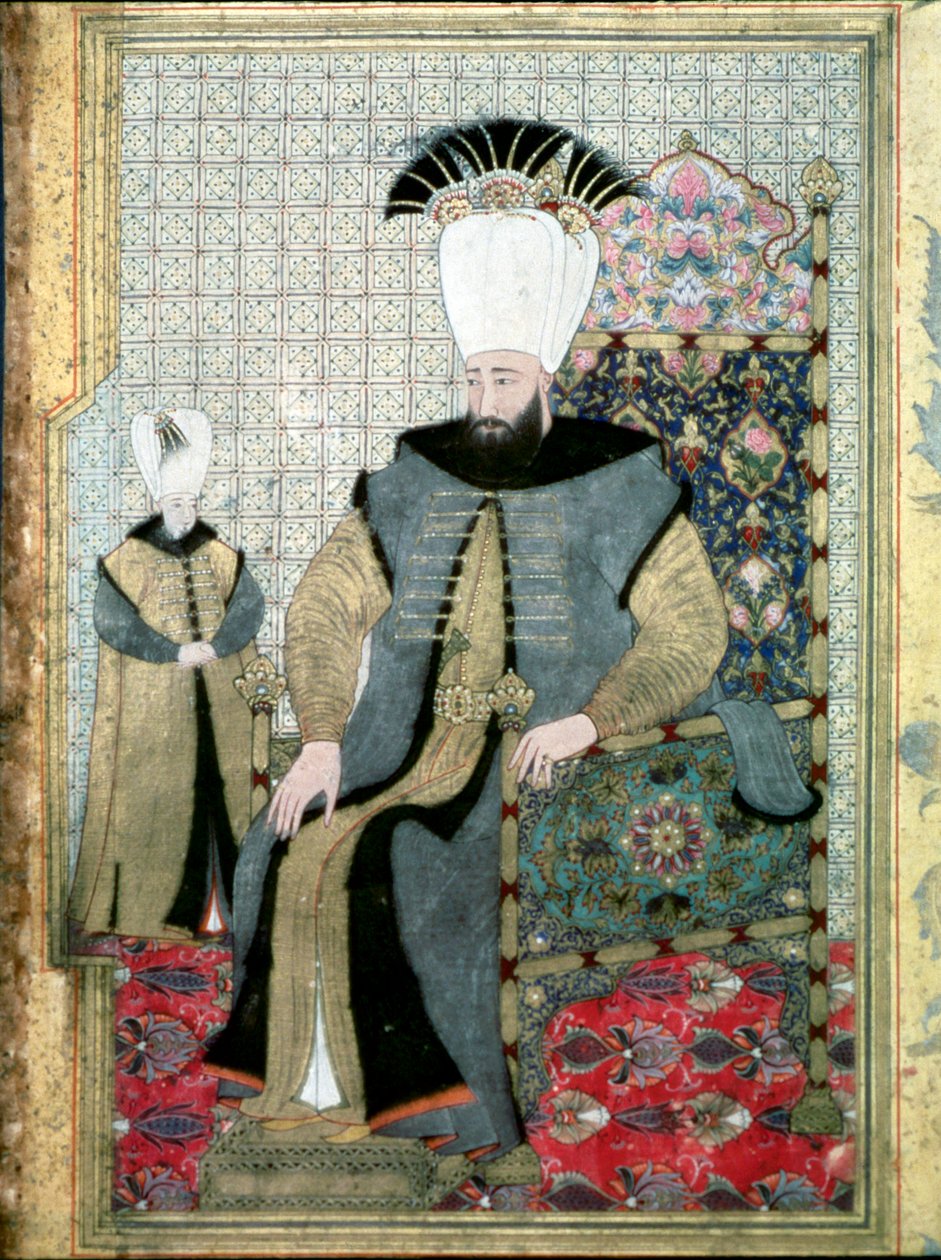 Osmanlı İmparatorluğu: Sultan III. Ahmet (veya Ahmed) Portresi (1673-1736)”” Yeniçerilerin emrini kesme emrini belirtmek için parmağıyla işaret etmesi temsilidir. Minyatür İstanbul, Topkapı Sarayı Müzesi, Türkiye by Ottoman School